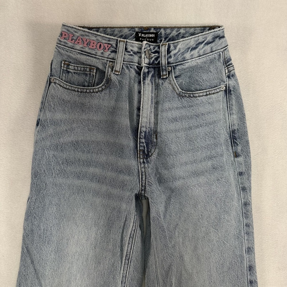 Playboy PacSun‎ Jeans Womens 23 High Rise Straight Leg Distressed Bunny Patch